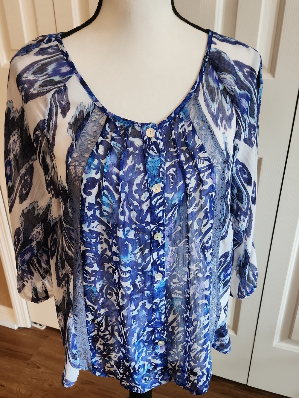 Blue Printed Women's Button-Front Blouse with Lace Insets